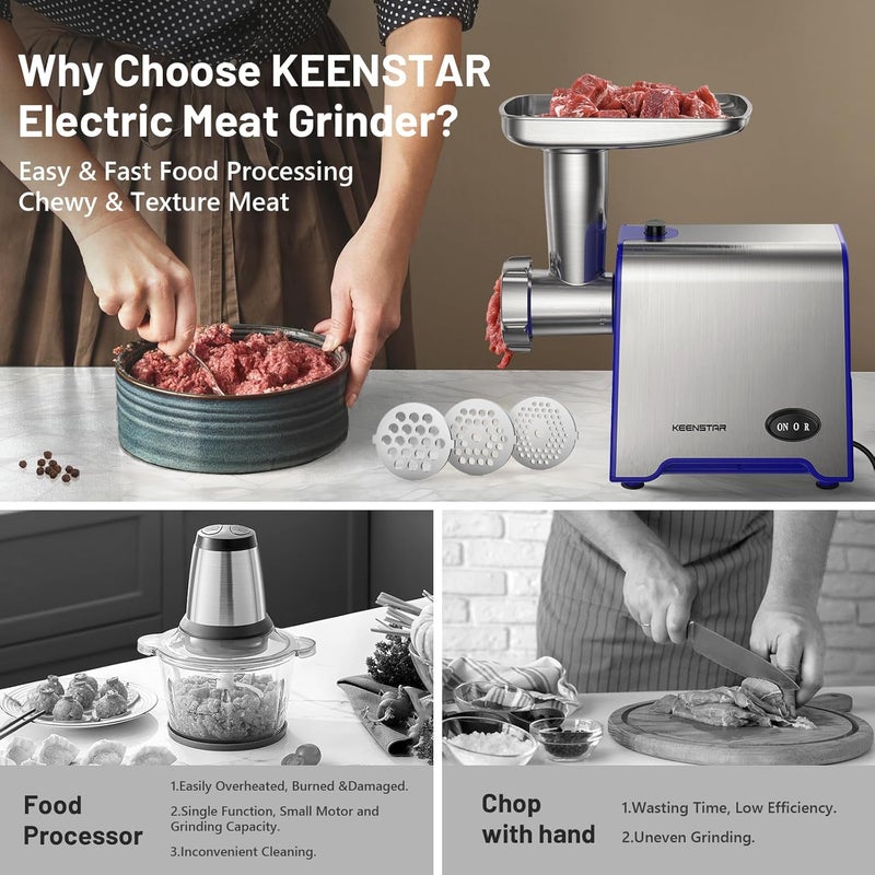 KEENSTAR Electric Meat Grinder, Sausage Stuffer Maker 450W(3000W Max) Food Grinder with Blade & 3 Plates, Sausage Stuffer Tubes & Kubbe Kit, Stainless Steel Heavy Duty Meat Mincer Machine for Home Kitchen Use - Image 3